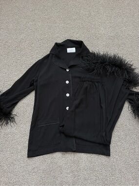 Sleeper Black Feather-Trim Pajama Top
